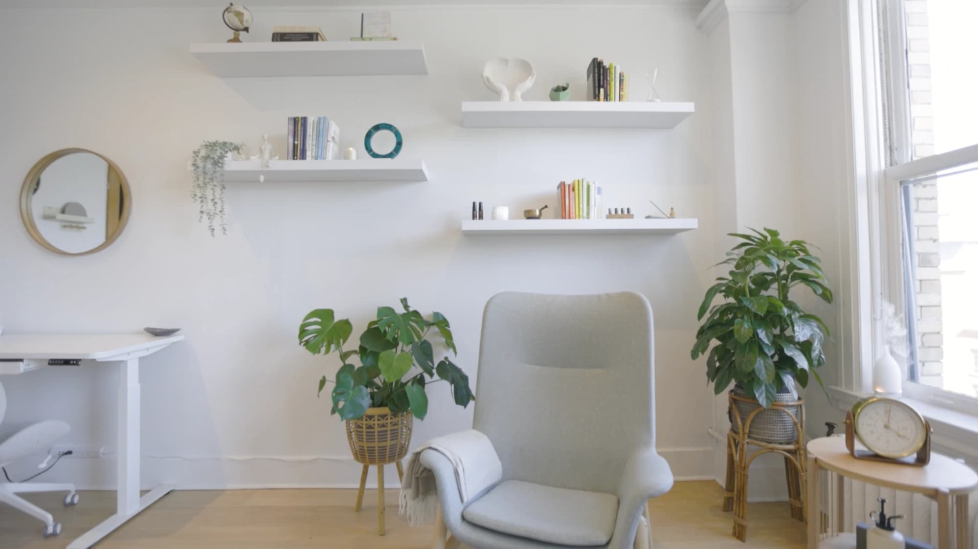 Reading chair with shelves and monstera
